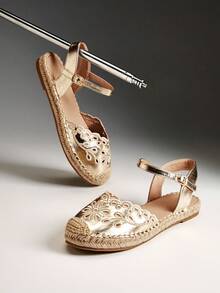 Solezae Women's Elegant Floral Cut-Out Round Toe Mary Jane Flat Espadrilles - Gold - View 8