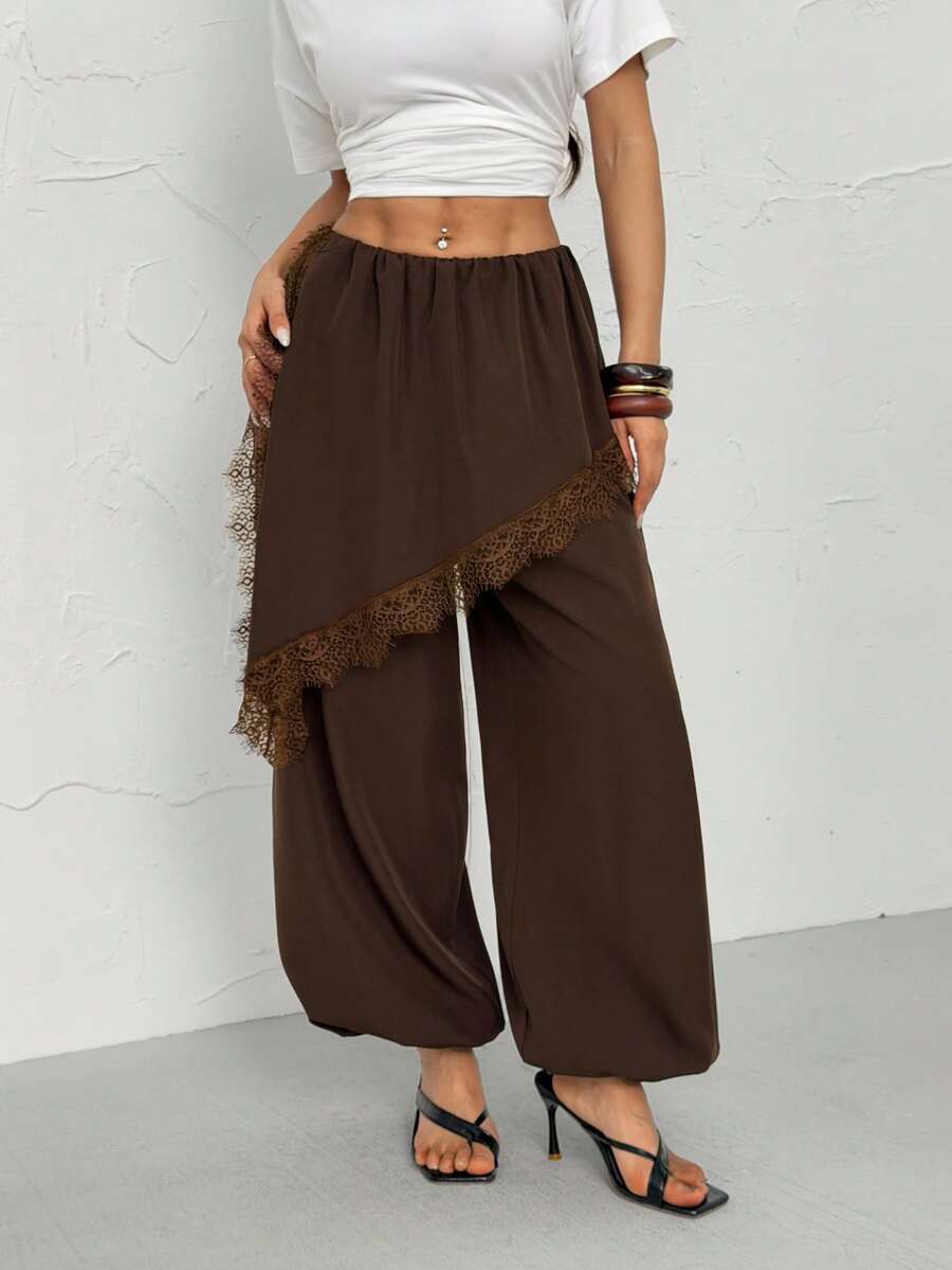 SHEIN PETITE Quần culottes hai mảnh màu nâu giả da kiểu dáng mùa xuân mới dành cho nữ, quần ống loe bất đối xứng viền ren, trang phục du lịch thời trang, quần thường ngày. Mùa hè. - màu nâu - Xem 1