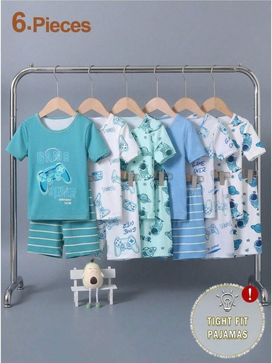 Bộ đồ ngủ 6 món cho bé trai, họa tiết hoạt hình thiên hà và động vật biển, gồm áo thun và quần short ôm sát, gồm áo thun và quần short. - Nhiều màu - Xem 1