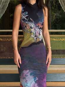 AmyJordy Vestido sin mangas con estampado floral elegante para mujer, de verano - Negro - Ver 3