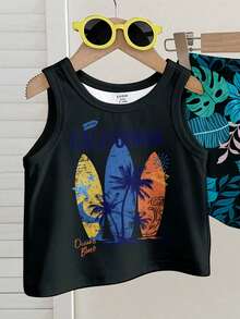 SHEIN Conjunto casual macio e confortável para bebê menino, ideal para primavera e verão, com estampa clássica de prancha de surfe e palmeiras, estampa de folhas tropicais, perfeito para férias e para a praia. - Multicolorido - Ver 4