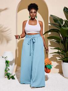SHEIN Slayr Plus Size Women Casual & Vacation & Minimalist & Colorful Textured Striped Green Straight Leg Pants - Baby Blue - View 3