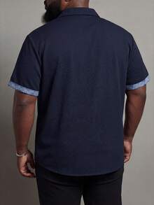 Manfinity Homme Plus Size Men's Summer Casual Contrast Trim Front Button Short Sleeve Shirt - Navy Blue - View 2