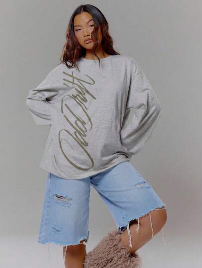 MUSERA Oversized Graphic Print Long Sleeve Top Streetwear Coolgirl Winter Sexy Casual Odd Drift Spring Summer