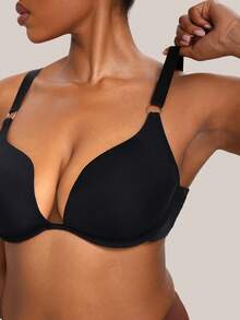 Plus Size Minimalist Underwire Bra, Sexy Deep V Lingerie Bra, Single Piece - Black - View 1