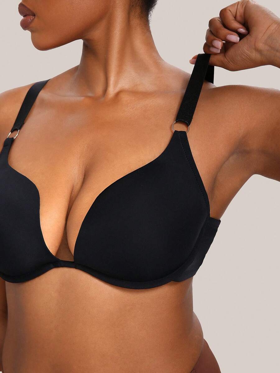 Plus Size Minimalist Underwire Bra, Sexy Deep V Lingerie Bra, Single Piece - Black - View 1