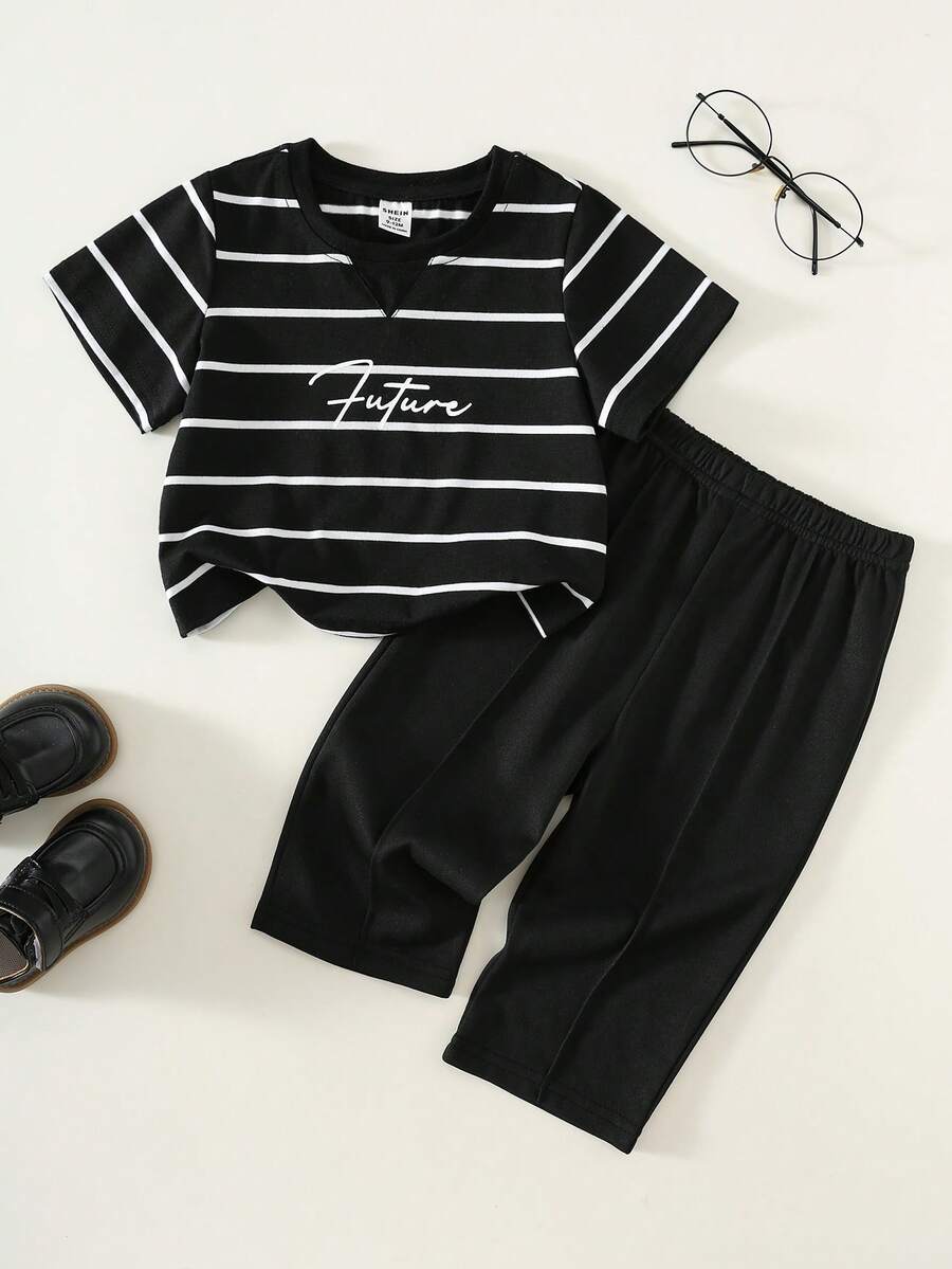 2件套婴儿/男婴春夏休闲时尚黑色条纹短袖T恤和裤子套装，男婴服装，男婴夏季服装，街头服饰 - 黑色 - 查看 1