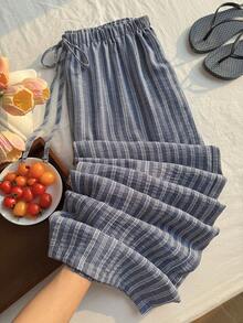 Comfortcana Quần ống rộng thoải mái, kẻ sọc, có dây rút ở eo, kiểu dáng thường ngày, cỡ lớn. - Nhiều màu - Xem 1