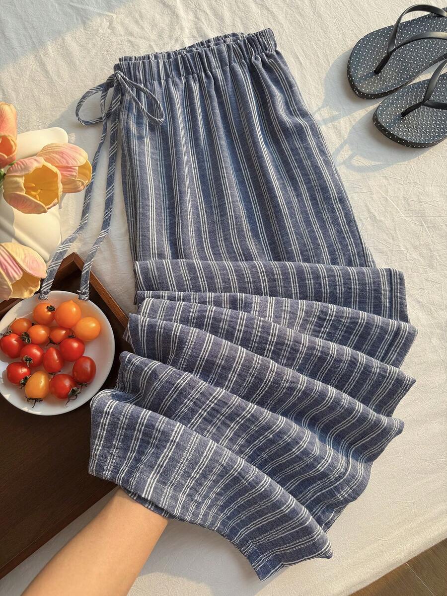 Comfortcana Quần ống rộng thoải mái, kẻ sọc, có dây rút ở eo, kiểu dáng thường ngày, cỡ lớn. - Nhiều màu - Xem 1