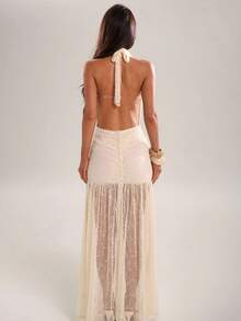 SHEIN BAE 女士休闲度假深V领褶皱连衣裙，适合休闲度假、海滩旅行、派对、婚礼等场合，优雅黄色连衣裙 - 米色 - 查看 2