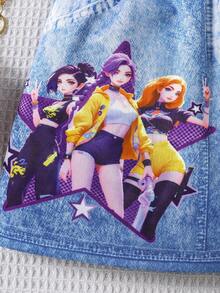 少女仿牛仔纹理+动漫少女图案印花A字喇叭裙，适合日常休闲穿着 - 藍色 - 查看 6