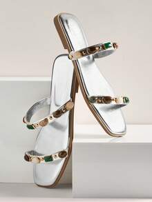 SHUZIA Sandal đế bằng nữ tối giản, thoải mái, bền chắc, có hai quai cài và điểm nhấn kim loại. - Bạc - Xem 7