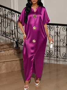 SHEIN Lady 四季皆宜的节日礼服/婚礼宾客/礼服/舞会礼服/金色/晚宴礼服/金色女士缎面提花前开衩连衣裙，休闲派对优雅 - 中紫紅色 - 查看 5