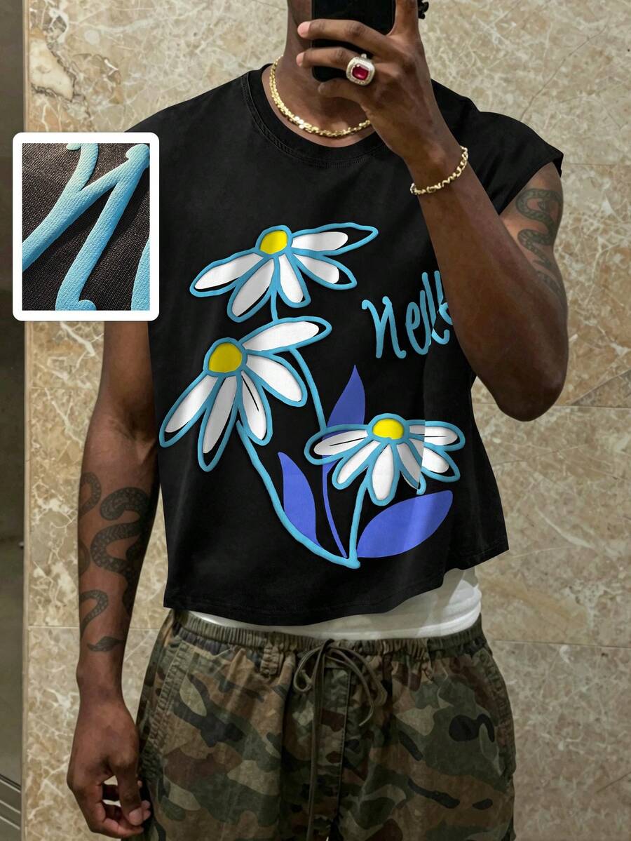 ROMWE MEN Street Life Áo tank top nam không tay cổ tròn in họa tiết hoa - màu đen - Xem 1