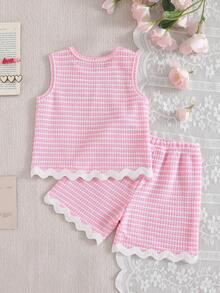 SHEIN Elladie kids 2 Stück/Set Gestreiftes Waffelpullunder Top mit Rüschensaum + Shorts mit Gummibund für Kleine Mädchen, lässiger, süßer, einfacher Outfit, geeignet für Ausflüge, Spaziergänge und verschiedene Sommergelegenheiten - Pink - Übersicht 3