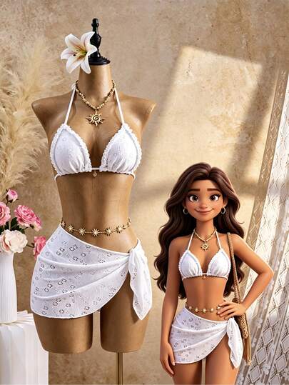 Swim Vcay 女士夏季度假白色蕾丝甜美比基尼三件套，荷叶边金属遮阳装饰系带裙泳衣沙滩装