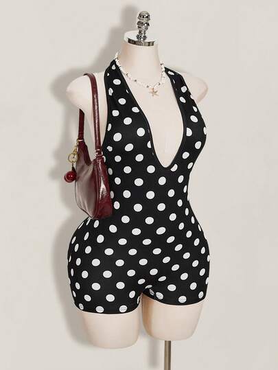 SHEIN ICON Áo liền quần nữ cỡ lớn chấm bi buộc cổ yếm kiểu dáng thường ngày