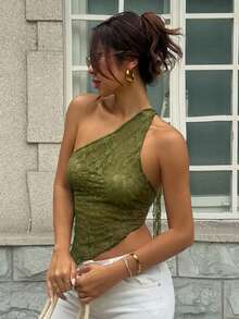 DAZY 女士蕾丝透视性感修身斜肩露背系带休闲沙滩夏季吊带背心 - 綠色 - 查看 2