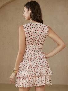 BELROSIE Red And White Summer Cottage Core Romantic Date Night Vacation Polka Dot Floral Print Chiffon Deep V-Neck Sleeveless High Waist Ruffle Hem Cake Dress - Multicolor - View 2