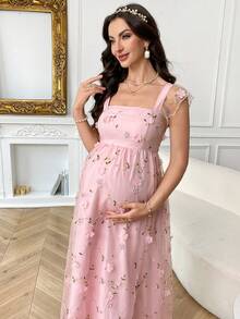 SHEIN 优雅孕妇花卉刺绣连衣裙 - 粉色 - 查看 4