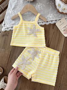 SHEIN 2 piezas Conjunto casual y lindo para niñas bebé con top sin mangas de punto jacquard a rayas + shorts de cintura elástica, adecuado para salidas de verano o vacaciones - Amarillo - Ver 4