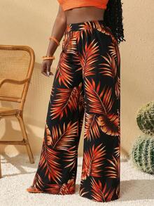 SHEIN PETITE CURVE CURVE 大尺碼女款小個子熱帶印花寬腿褲，高腰優雅休閒黑色夏季波西米亞風海灘度假褲 - 杏色 - 查看 7