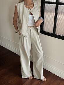 Women's Sleeveless Loose Fit Top And Casual Pants 2 Pieces Set - Khaki - View 3
