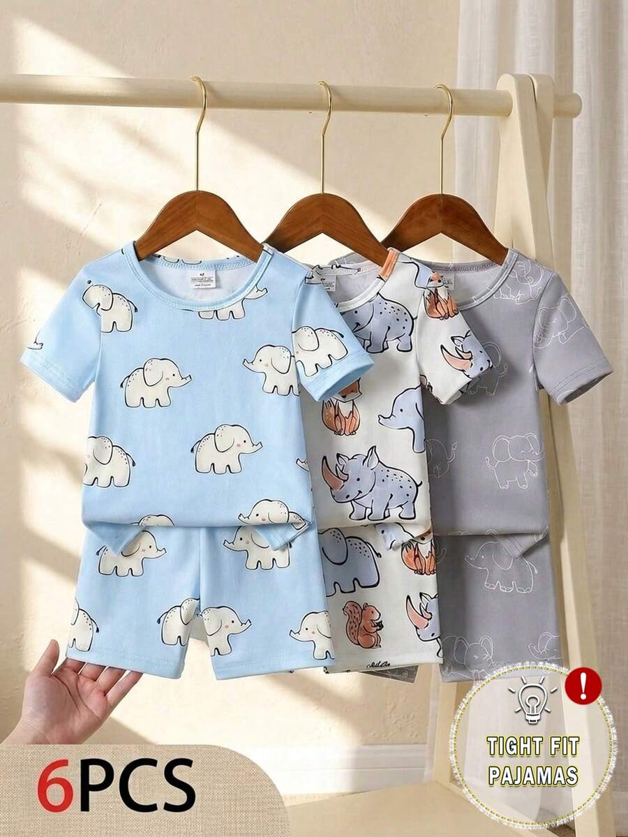 SHEIN Playful Pals 6件套男童卡通大象动物印花修身T恤和短裤睡衣套装 - 彩色 - 查看 1