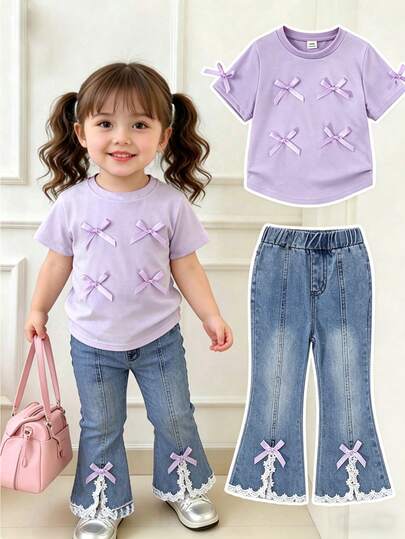 Genkimix Kids 2pcs/Set Girls Casual Fashion Round Neck Short Sleeve Solid Color Bow Top & Elastic Waist Flared Jeans Set, Spring/Summer,Round Neck Short Sleeve T-Shirt With Denim Shorts Set, Fresh Collegiate Style For Outdoor, Home, Sports, Party, Fashion