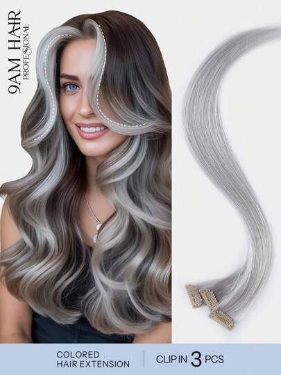 彩色夹式接发片，100%真人发，18英寸，3片装，灰色隐形直发挑染彩色发片，彩虹接发片，适合女性/女孩