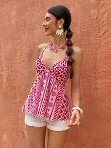 Selianne Camisola feminina elegante, moderna, casual, confortável, charmosa, retrô, minimalista, sofisticada, romântica, sem mangas, com decote em V, amarração na cintura e barra evasê, estampada. - Rosa Quente - Ver 5