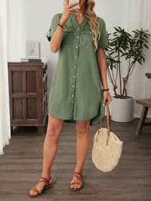 EMERY ROSE Plus Size Women Autumn Casual Vacation Daily Commute Notched Neck Roll Tab Sleeve Loose Denim Dress Beach Vacation Sage Green - Green - View 1