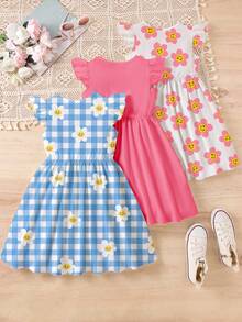 SHEIN Elladie kids 3件組少女花卉與格紋印花荷葉袖A字洋裝，甜美可愛，適合夏季戶外穿著 - 彩色 - 查看 4
