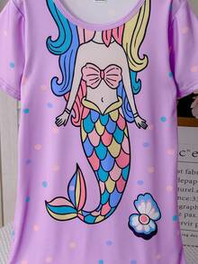 夏季女童美人魚印花睡裙，白色仙女甜美波點荷葉邊睡衣，適合幼童與少女，家庭款柔軟睡袍洋裝 - 紫色 - 查看 6