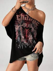 SHEIN ICON Punk Rock Graphic Print Casual Asymmetric Loose T-Shirt - Multicolor - View 5