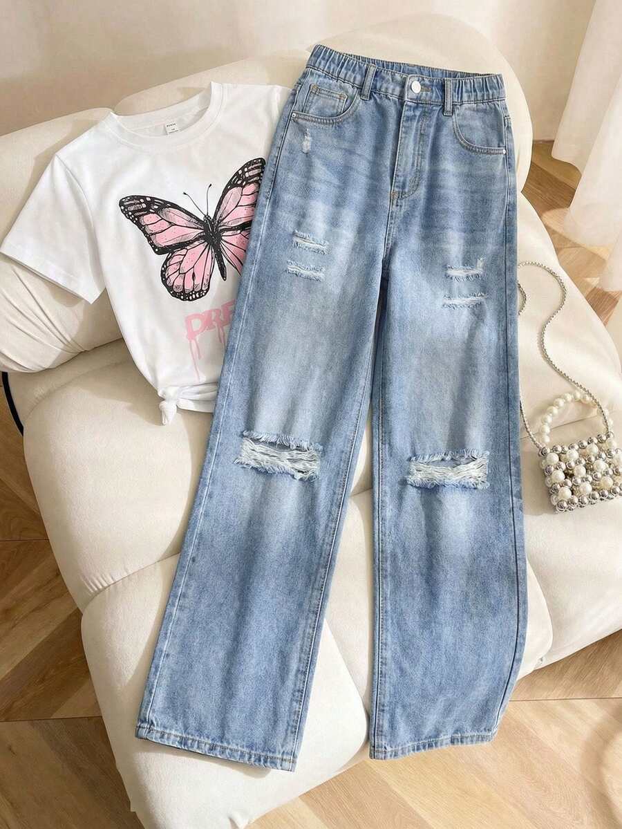 Tween Girls' Distressed Boyfriend Jeans, Retro American Style Loose Fit Wide Leg Casual Denim Pants, Blue - Blue - View 1