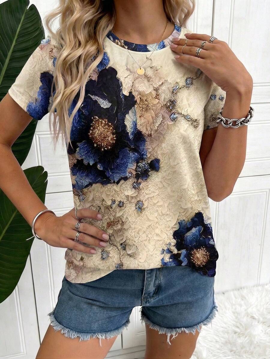 EMERY ROSE Women's Round Neck Short Sleeve Casual Summer Regular Floral Print T-Shirt - Apricot - View 1