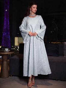 Al Najma Áo Abaya Thổ Nhĩ Kỳ và áo choàng truyền thống Ả Rập tay dài màu hồng dệt jacquard đính hạt cườm sang trọng dành cho nữ mùa xuân/hè. - Màu xanh lam - Xem 7