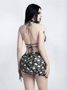 ROMWE Bộ bikini hai mảnh buộc cổ in hình đầu lâu kiểu Gothic dành cho nữ, thích hợp cho mùa hè. - màu đen - Xem 2