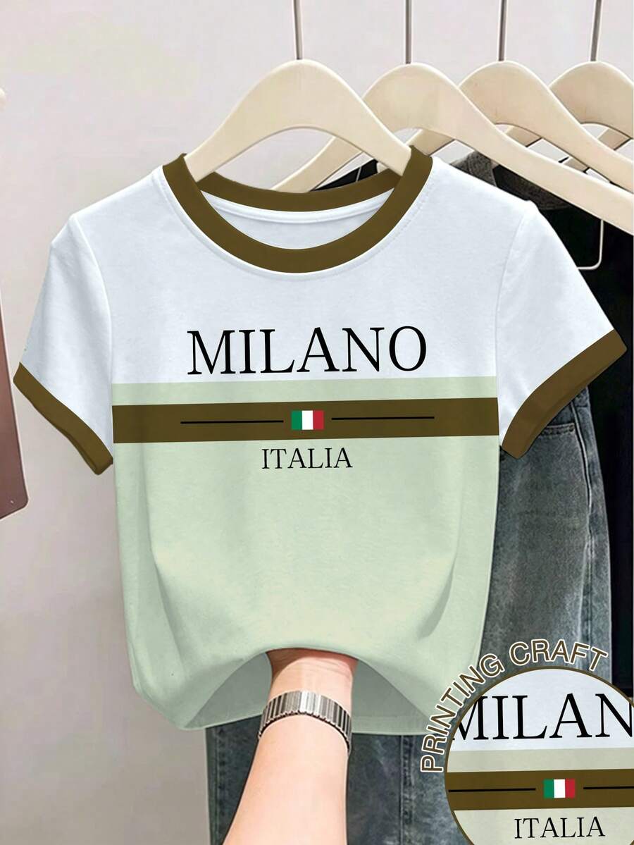 Resyla Women's Color Block Letter Print Round Neck T-Shirt - White - View 1