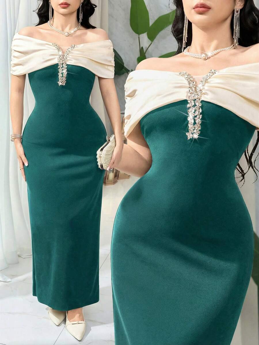 Feyla 女士露肩撞色褶皱优雅收腰连衣裙，适合派对穿着