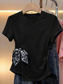 Franclia Camiseta de manga corta de mujer con cuello redondo y decoración de lazo, versátil para uso diario casual - Negro - Ver 5