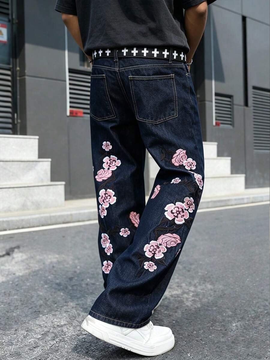 Manfinity EMRG Men's Fashion Street Style High-End Embroidered Washed Wide-Leg Jeans - Dark Wash - View 1