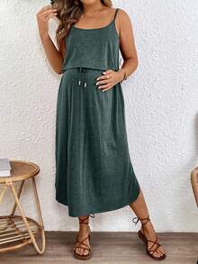 SHEIN Maternity Casual Solid Color Sleeveless Dress - Green - View 5