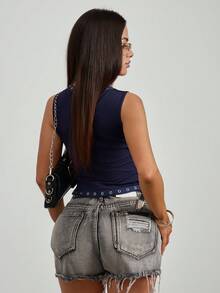 INAWLY Solva Top sin mangas con tirantes cruzados de metal de moda y sexy para mujer, de verano - Azul Marino - Ver 2