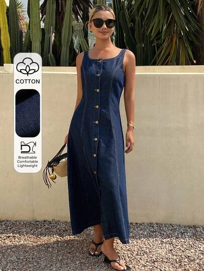 Livesso Vestido vaquero vintage con botones sin mangas para mujer, vestidos de verano y primavera para mujer