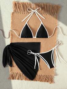 Swim Vcay Bộ bikini nữ màu trơn mới, dây đeo vai mảnh phối màu tương phản, quần short cạp cao buộc dây bên hông, váy lưới, bộ đồ bơi 3 mảnh, đồ bơi 2 mảnh cho nữ, áo bikini đen, áo croptop, bikini cho nữ - Nhiều màu - Xem 2