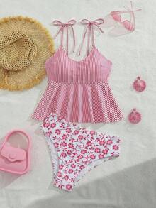 Swim Vcay 女士优雅休闲度假浪漫条纹印花U领挂脖式喇叭腰身泳衣上装，搭配印花常规泳裤，两件套泳衣，修身剪裁，适合海滩、春秋度假、音乐节等场合。 - 彩色 - 查看 4