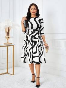 SHEIN Lady Women's Summer Fashion Colorblock Wavy Pattern Mini Dress - Black and White - View 5