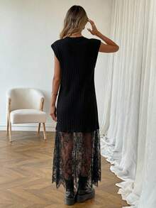 SHEIN LUNE 女士休闲纯色纹理罗纹面料蕾丝拼接无袖长裙，适合日常穿着、通勤，时尚百搭，春夏皆宜。这款连衣裙适合春季度假和夏季穿着，款式多样，包括休闲长裙、外出连衣裙、夏日连衣裙等。黑色款适合日常穿着、通勤、夏季穿着等多种场合。 - 黑色 - 查看 2